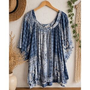 Boho Women's Paisley Peasant Blouse Flowy Romantic Cottagecore Blue Top Size XL